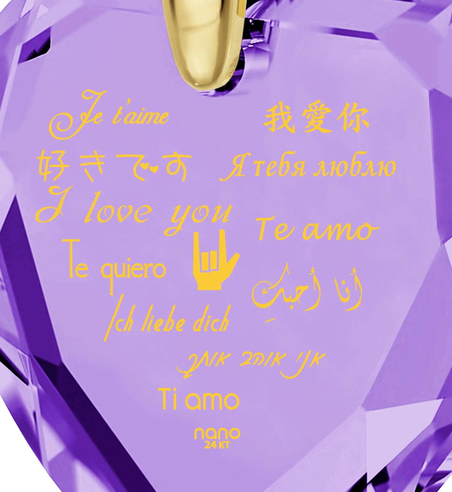 Gold Plated Silver Heart Necklace I Love You in 12 Languages 24k Gold Inscribed Cubic Zirconia