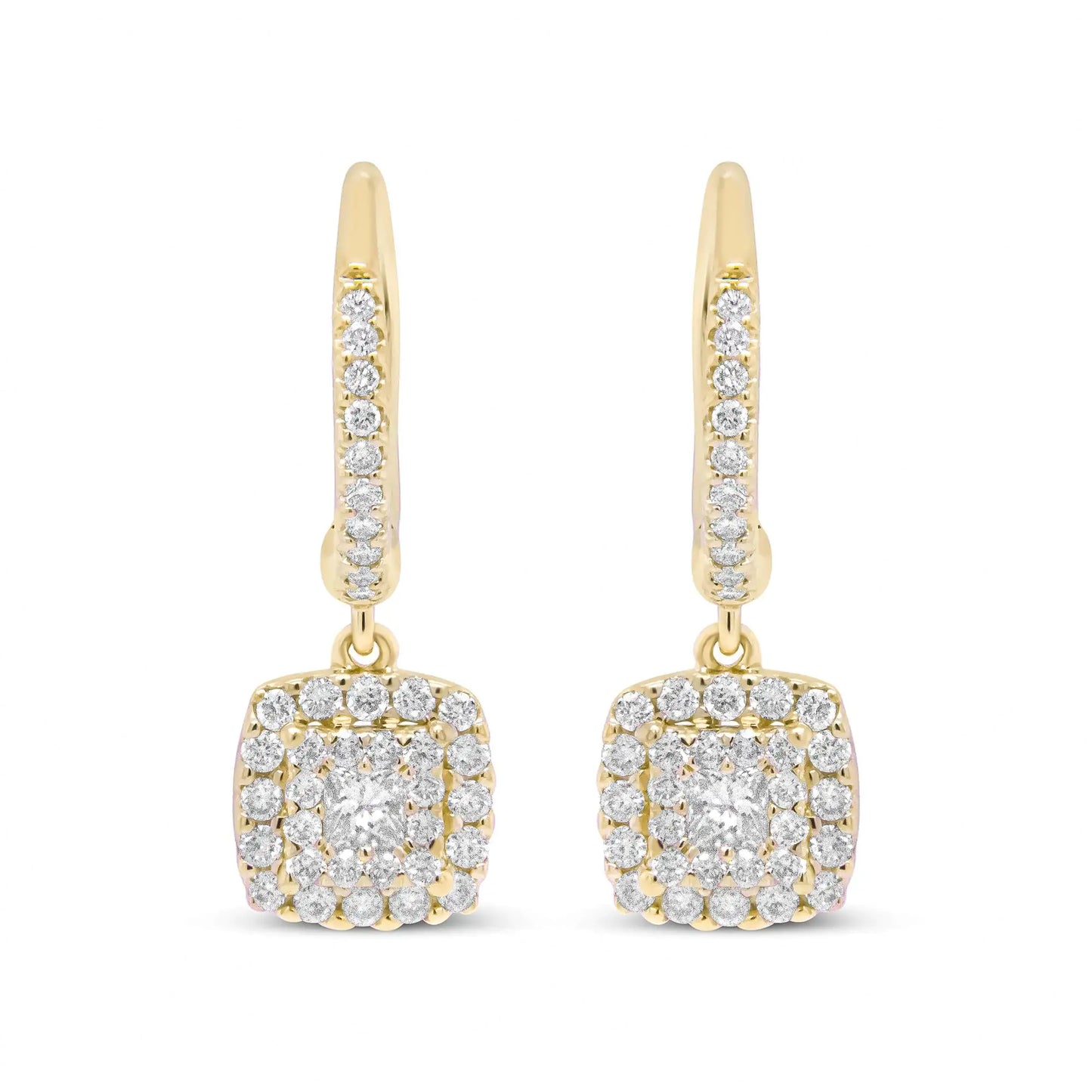 14K Yellow Gold 5/8 Cttw Invisible-Set Princess Diamond Square Halo Dangle Earring (H-I Color, SI1-SI2 Clarity)