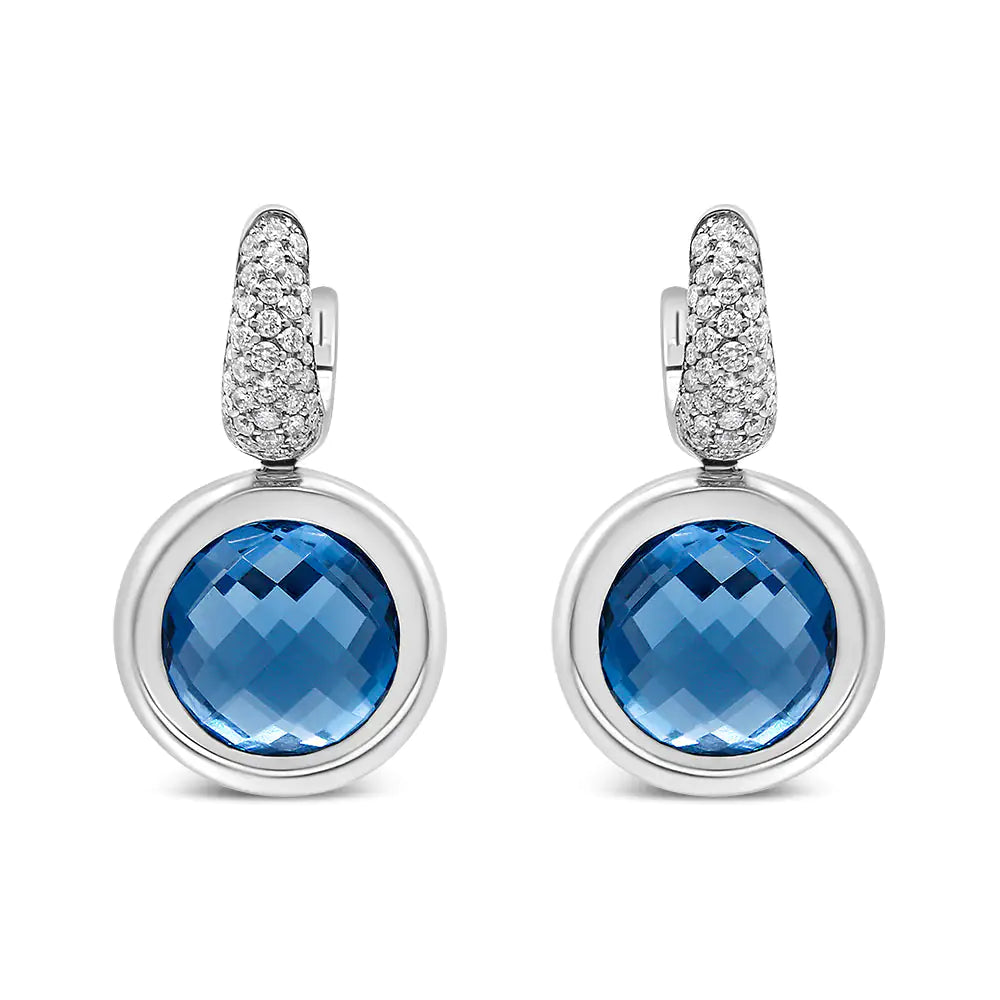 18K White Gold Bezel Set 11mm Blue Topaz and 1/2 Cttw Invisible Set Diamond Bale Dangle Earrings (F-G Color, VS1-VS2 Clarity)
