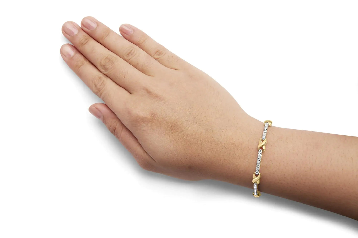10K Yellow Gold 1.00 Cttw Pave Set Diamond Bar and X-Link 7" Bracelet (I-J Color, I3 Quality)