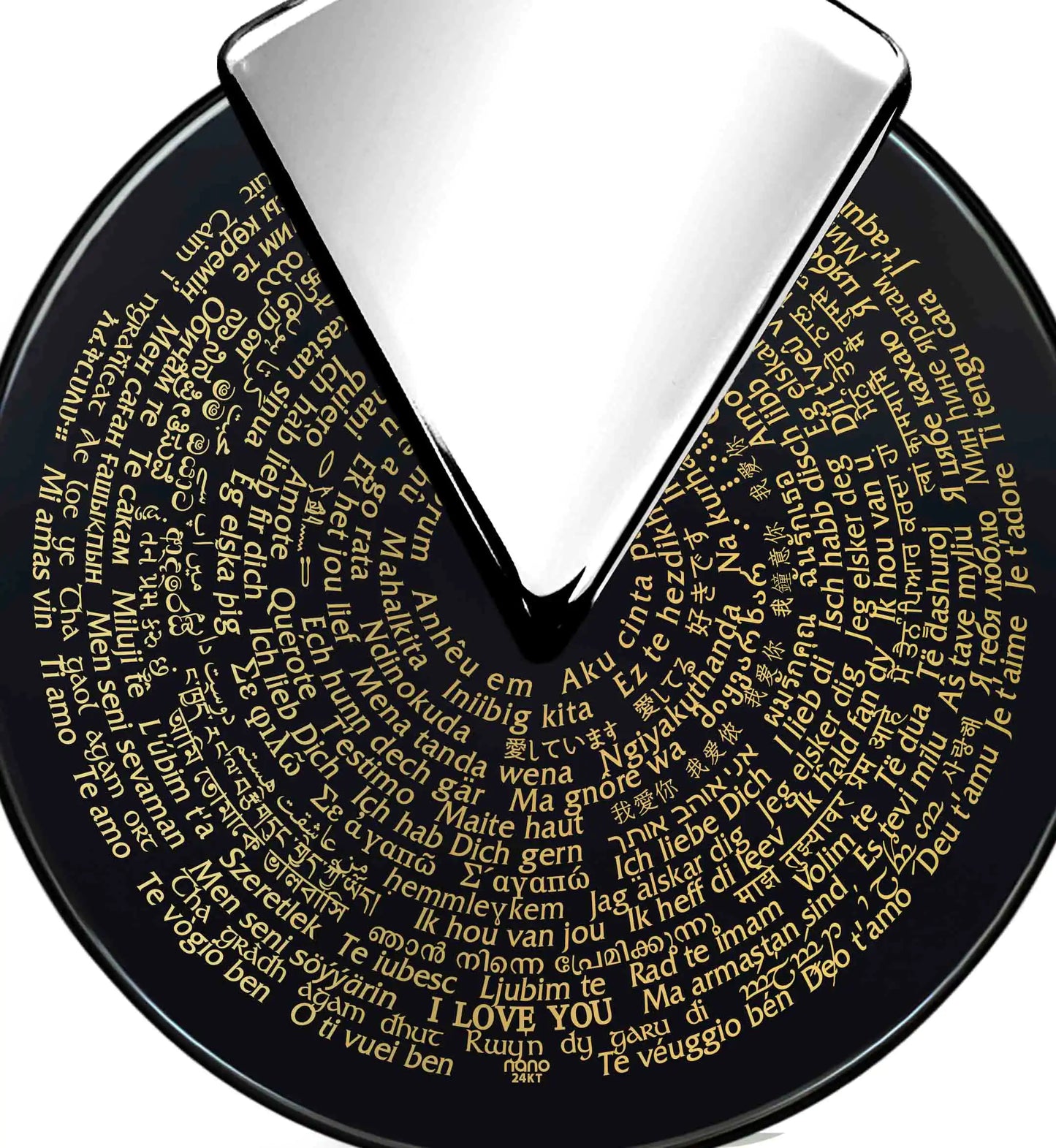 I Love You Necklace Set 24k Gold Inscribed in 120 Languages on Round Spinning Onyx