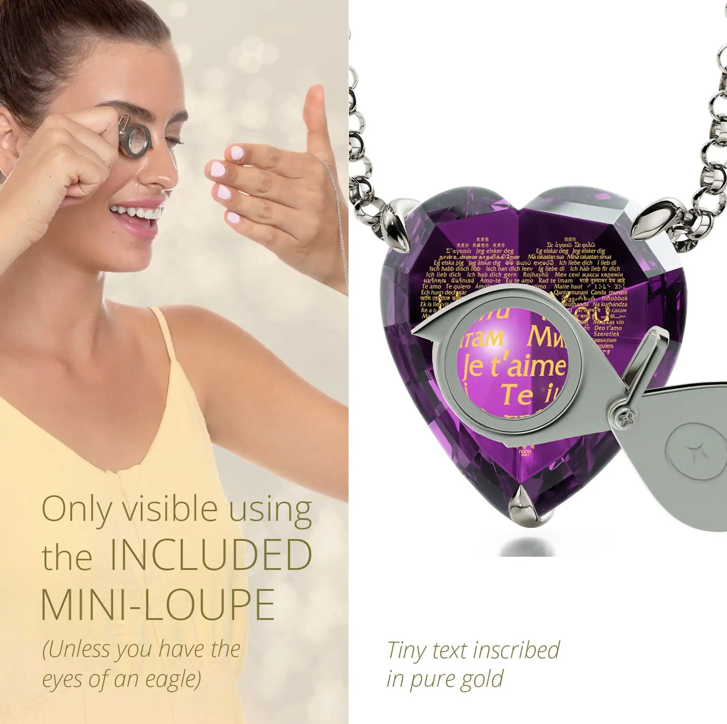 925 Sterling Silver Heart Necklace 24k Gold Inscribed I Love You in 120 Languages