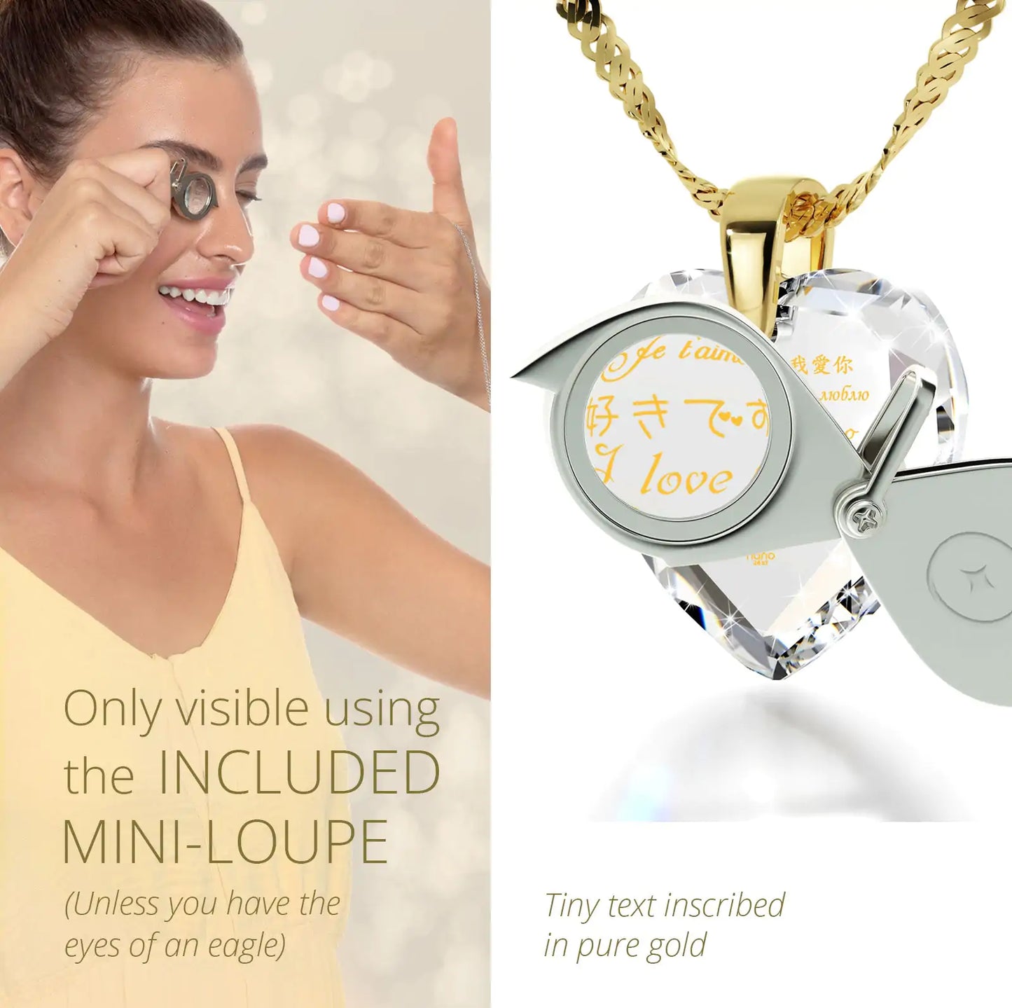 Gold Plated Silver Heart Necklace I Love You in 12 Languages 24k Gold Inscribed Cubic Zirconia