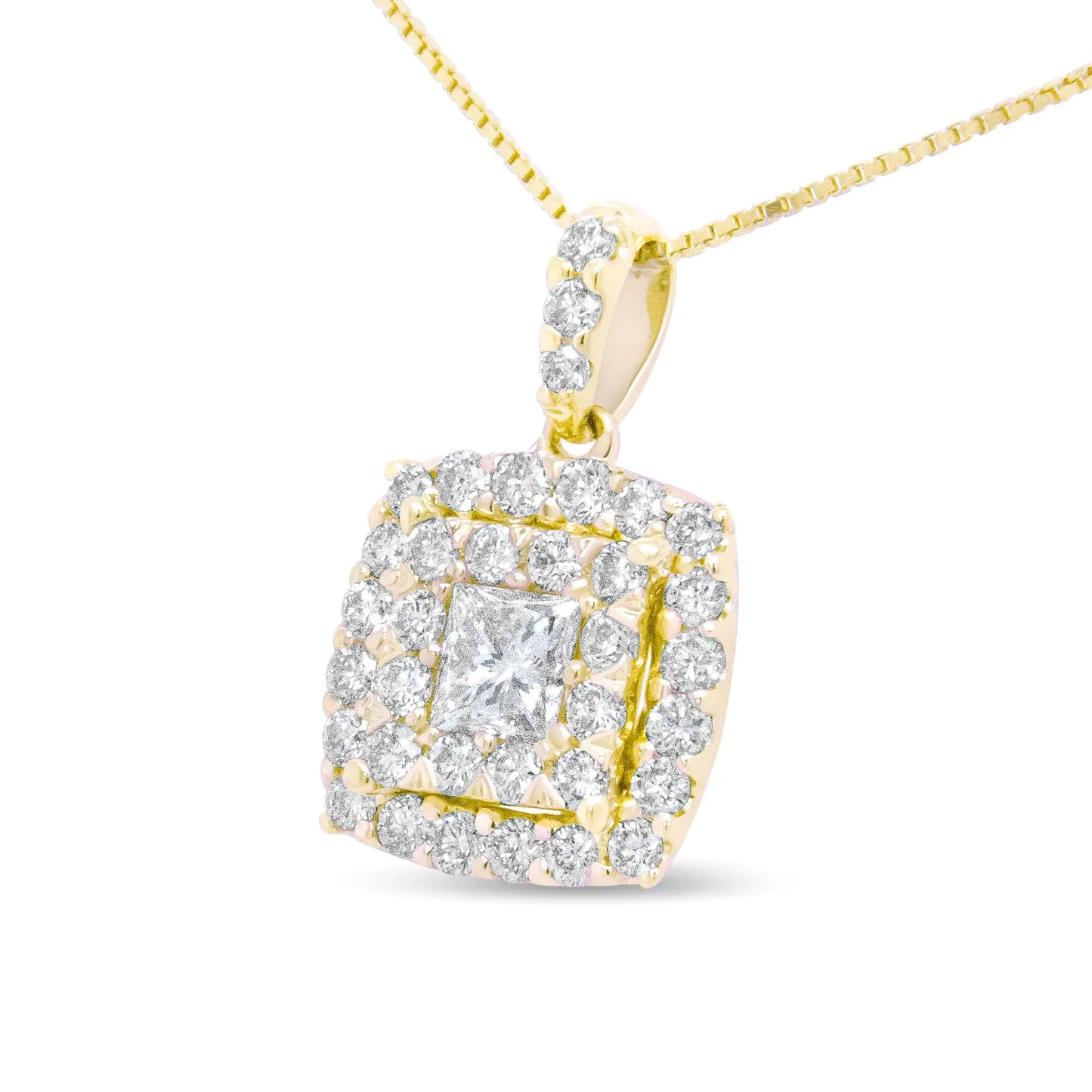 14K Yellow Gold 1/2 Cttw Round and Princess-Cut Diamond Double Halo 18" Pendant Necklace (H-I Color, SI2-I1 Clarity)