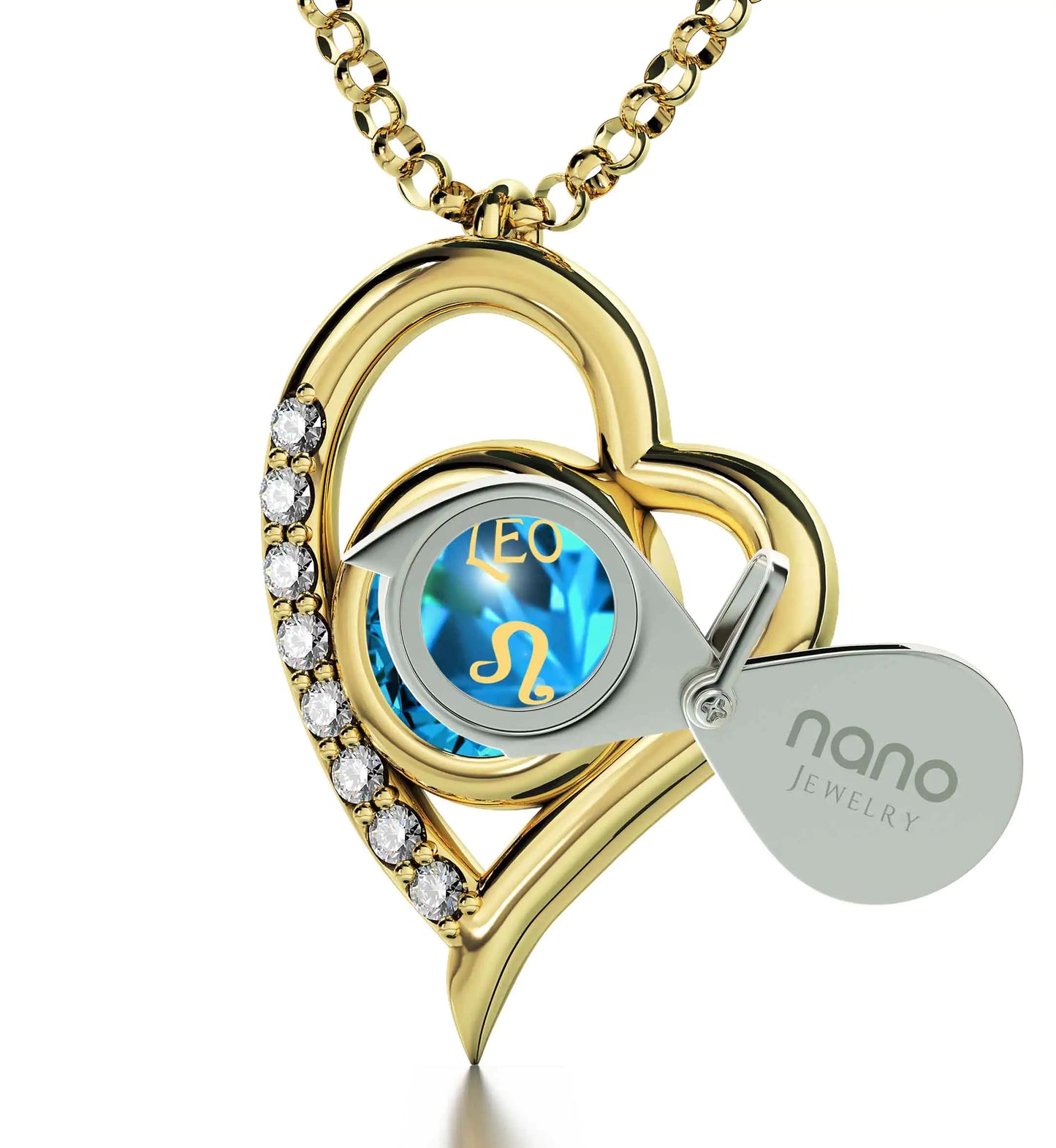 Gold Plated Silver Leo Necklace Zodiac Heart Pendant 24k Gold Inscribed on Crystal