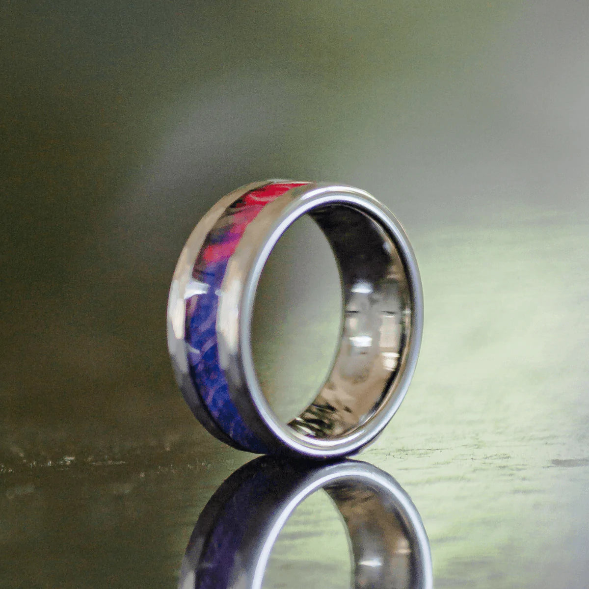 Faceted Swirled Box Elder Tungsten Ring