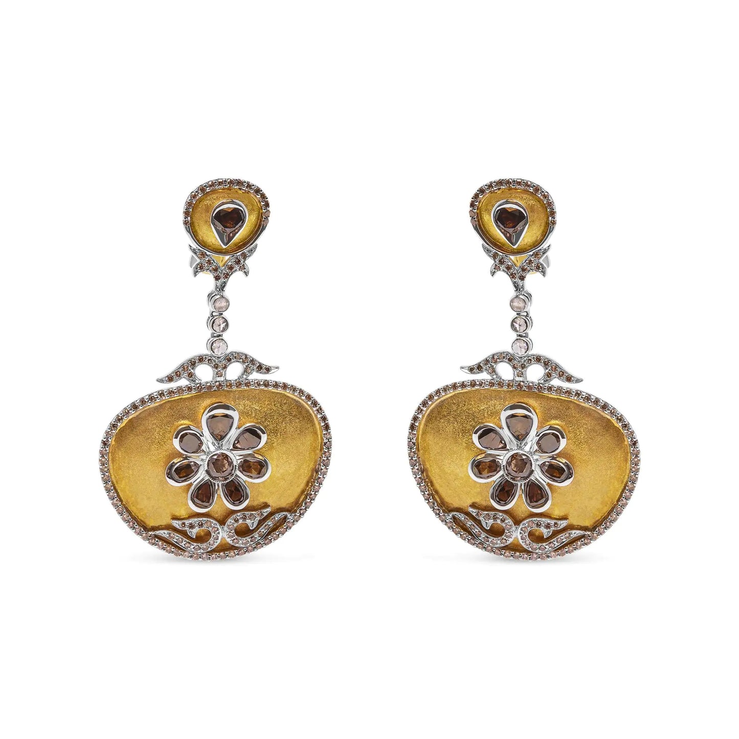 14K White and Yellow Gold 5 1/4 Cttw Rose Cut Diamond Matte Finished Medallion Dangle Earring (Fancy Color, I1-I2 Clarity)