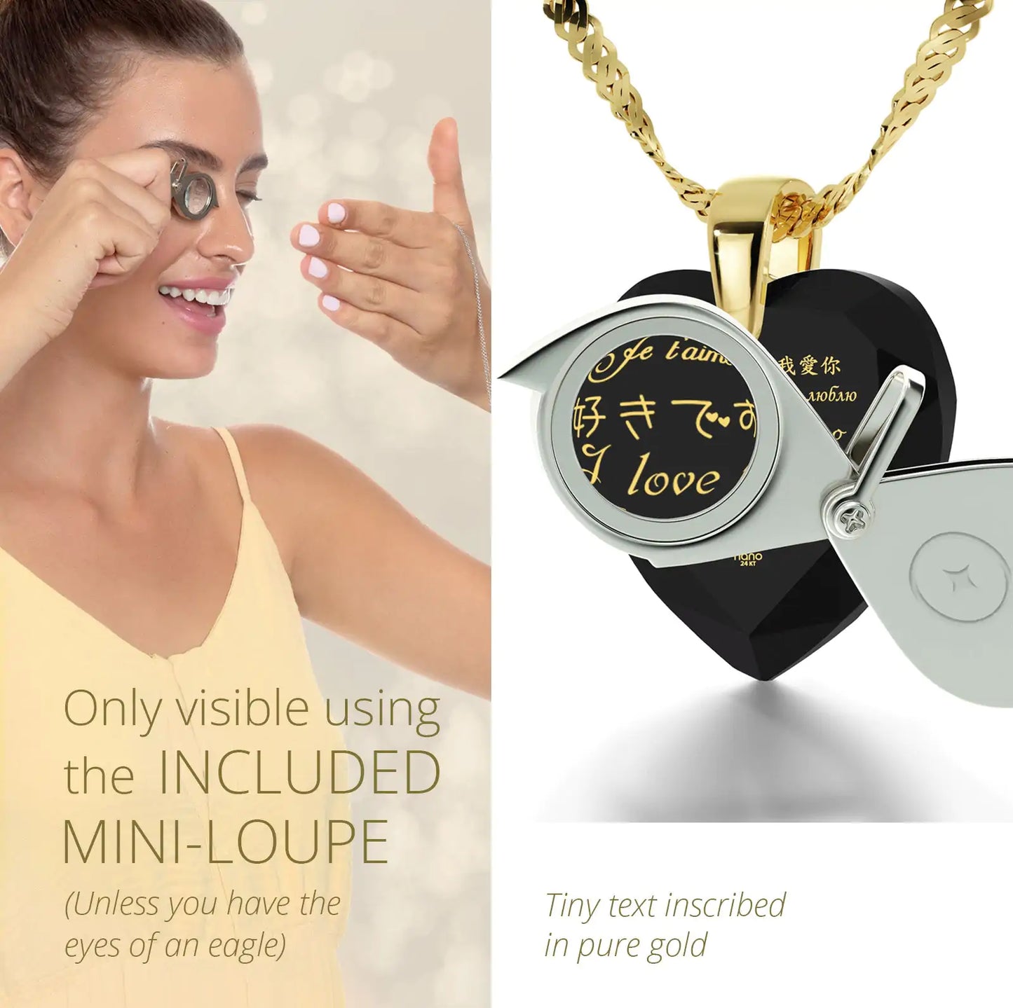 Gold Plated Silver Heart Necklace I Love You in 12 Languages 24k Gold Inscribed Cubic Zirconia
