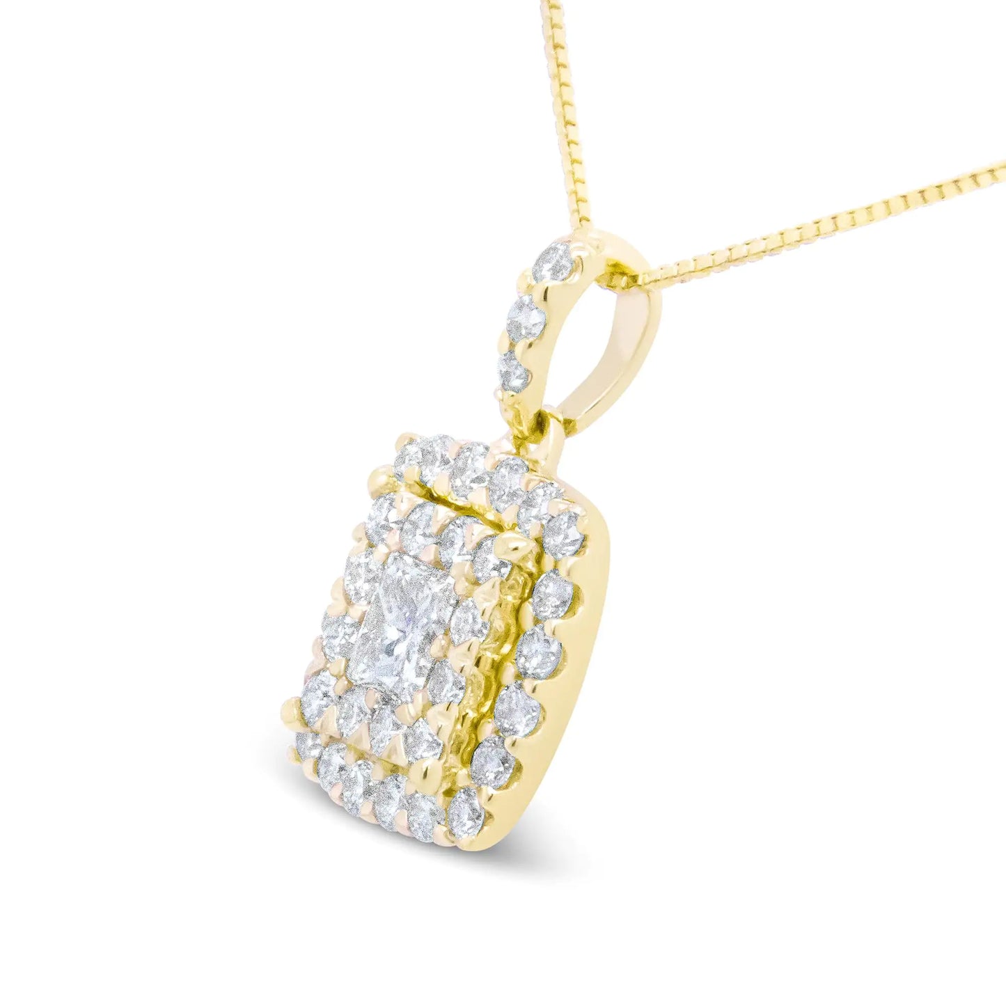14K Yellow Gold 1/2 Cttw Round and Princess-Cut Diamond Double Halo 18" Pendant Necklace (H-I Color, SI2-I1 Clarity)