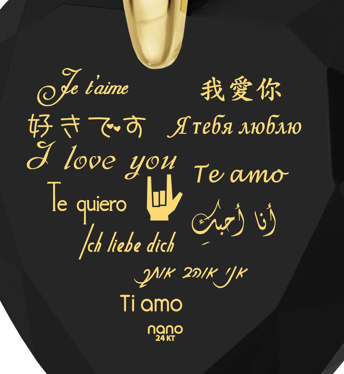Gold Plated Silver Heart Necklace I Love You in 12 Languages 24k Gold Inscribed Cubic Zirconia