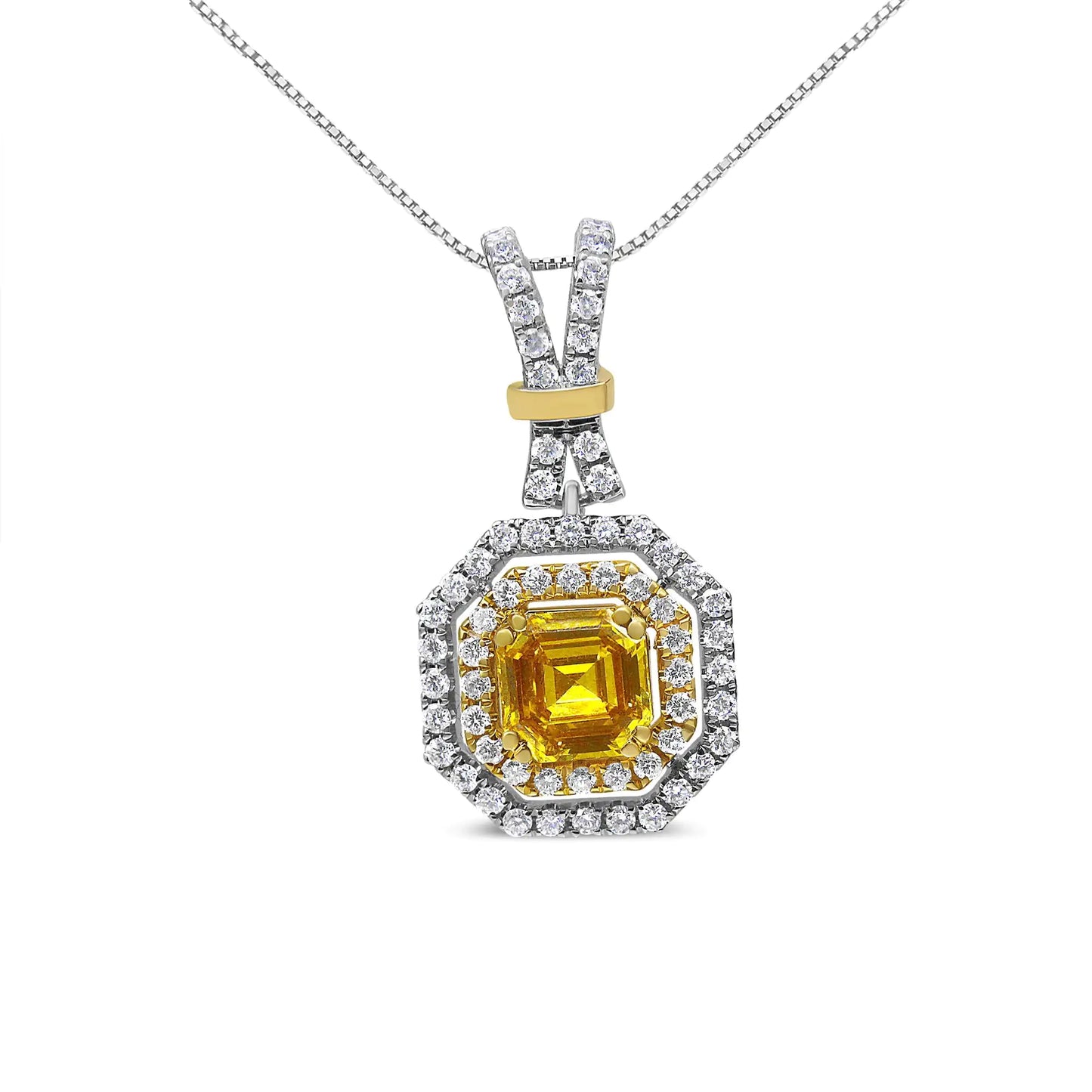 18K White and Yellow Gold 1.75 Cttw Lab Grown Treated Yellow Asscher Center Diamond Halo 18" Pendant Necklace (Yellow/G-H Color, VS1-VS2 Clarity)