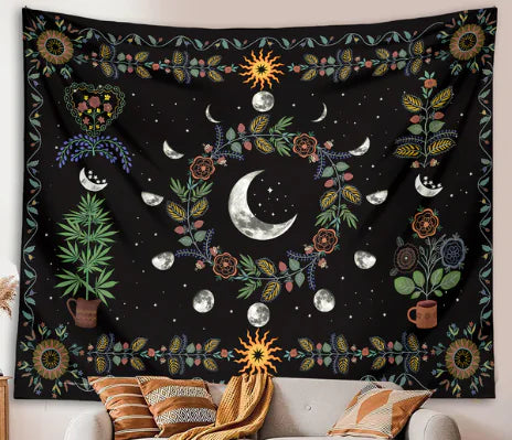 Botanical Celestial Moon Phase Wall Tapestry