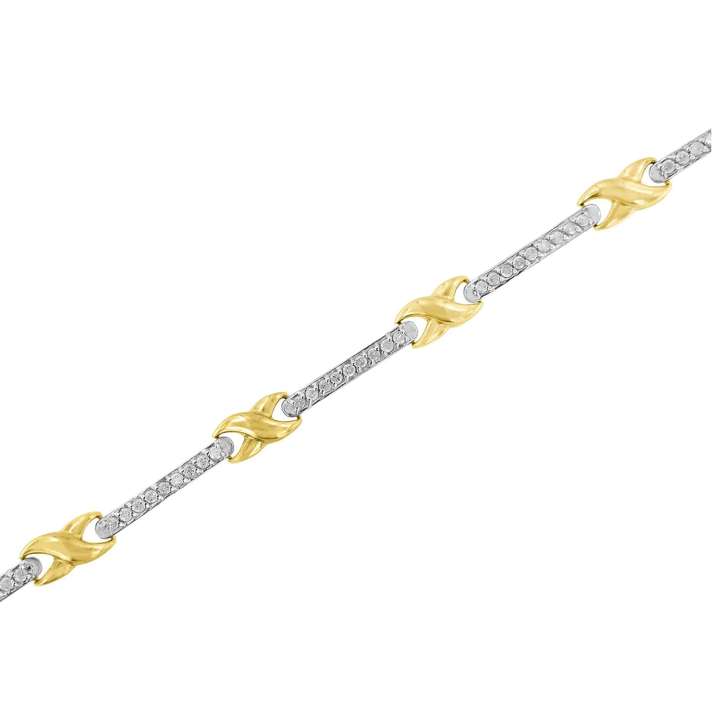 10K Yellow Gold 1.00 Cttw Pave Set Diamond Bar and X-Link 7" Bracelet (I-J Color, I3 Quality)