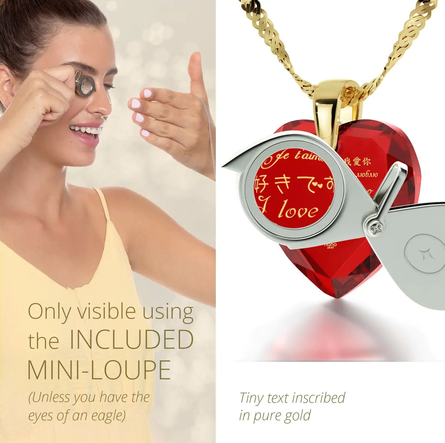 Gold Plated Silver Heart Necklace I Love You in 12 Languages 24k Gold Inscribed Cubic Zirconia
