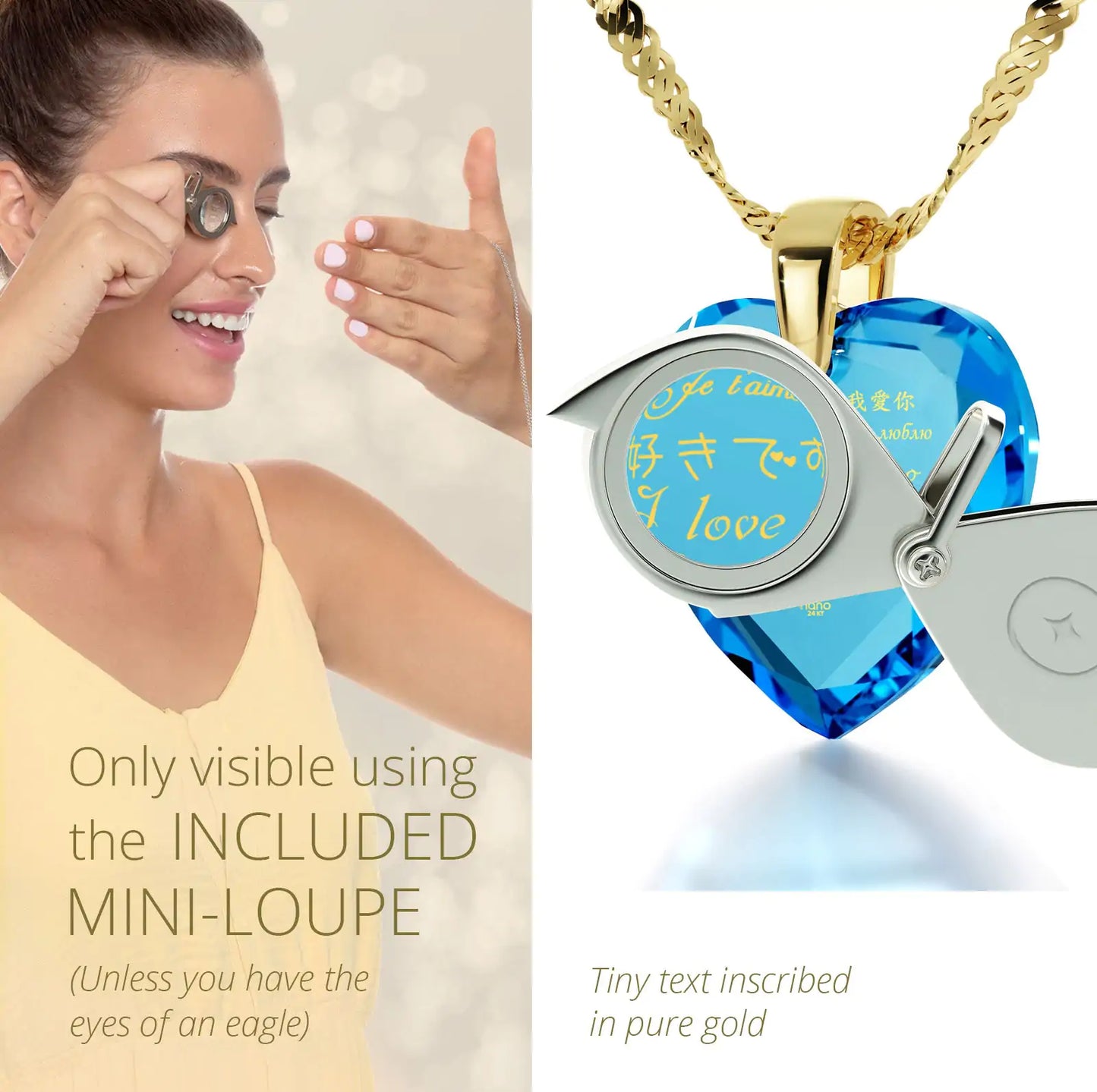 Gold Plated Silver Heart Necklace I Love You in 12 Languages 24k Gold Inscribed Cubic Zirconia