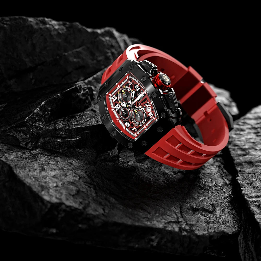 TSAR BOMBA Tonneau Mens Watches Sapphire Crystal Red Wristwatch Waterproof Chronograph Date Clock Luxury Christmas Gift for Men