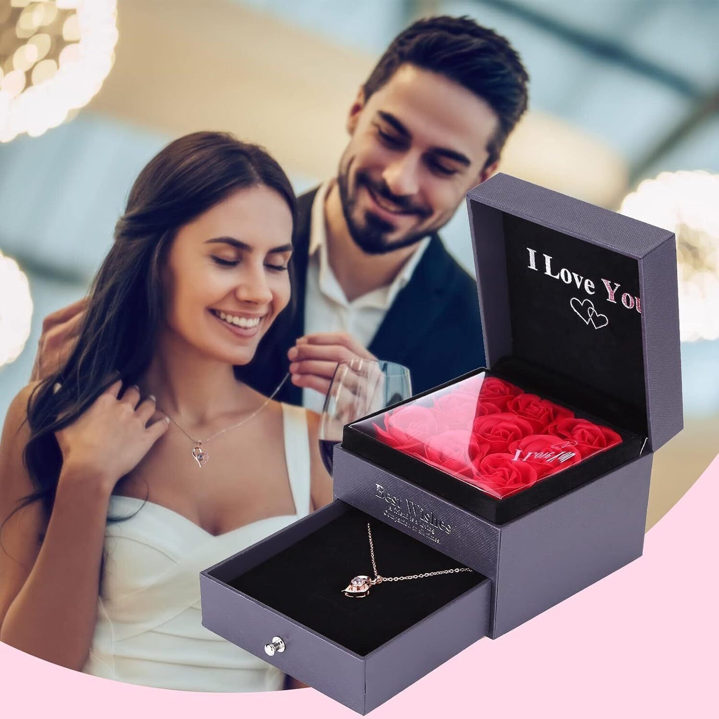 Preserved Red Rose Gift Box with Necklaces Romantic Accessories Valentines Mom