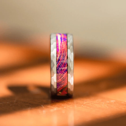 Faceted Swirled Box Elder Tungsten Ring