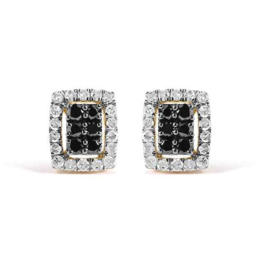 Men's 10K Yellow Gold 1.00 Cttw White and Black Diamond Emerald Shape Halo Stud Earring (Black / I-J Color, I2-I3 Clarity)