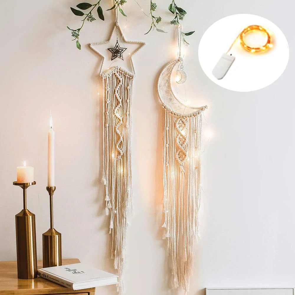 Star Moon Macrame Dream Catcher with Light