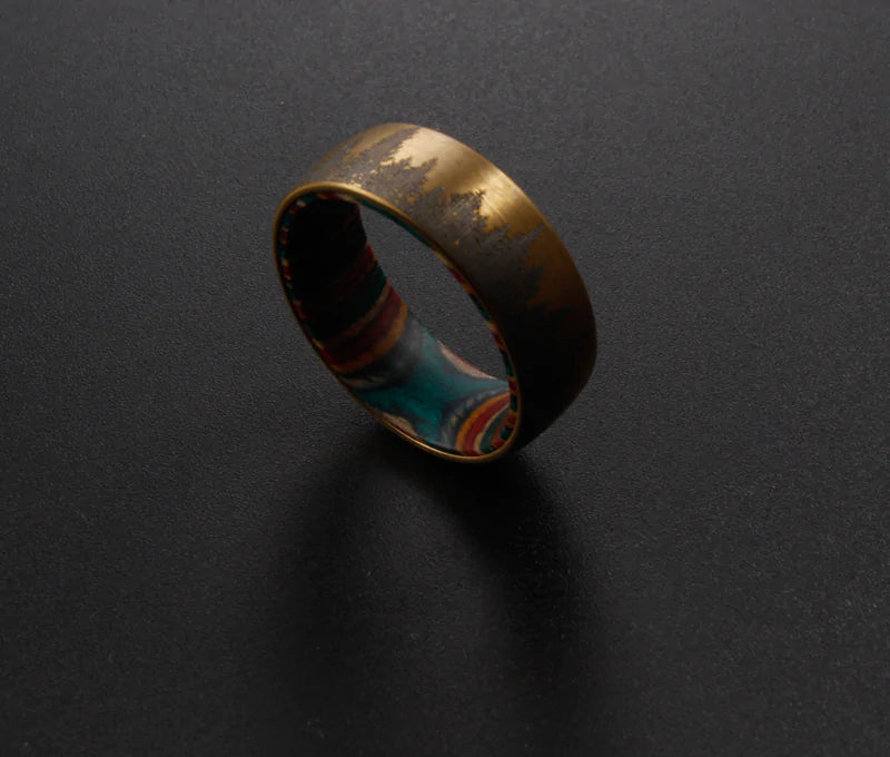 Bronze Etched Tree Line with Striped Wood Sleeve Tungsten Ring