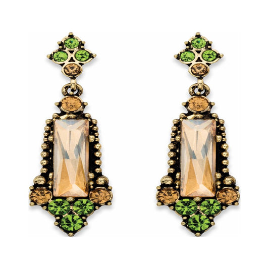 Baguette-Cut Champagne and round Green Faceted Crystal Vintage-Style Drop Earrings in Antiqued Goldtone 2"